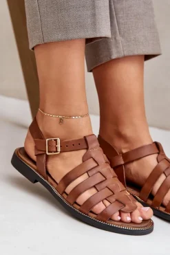 Damskie Boto Skórzane Sandały Na Płaskim Obcasie Zazoo 3686 Camel