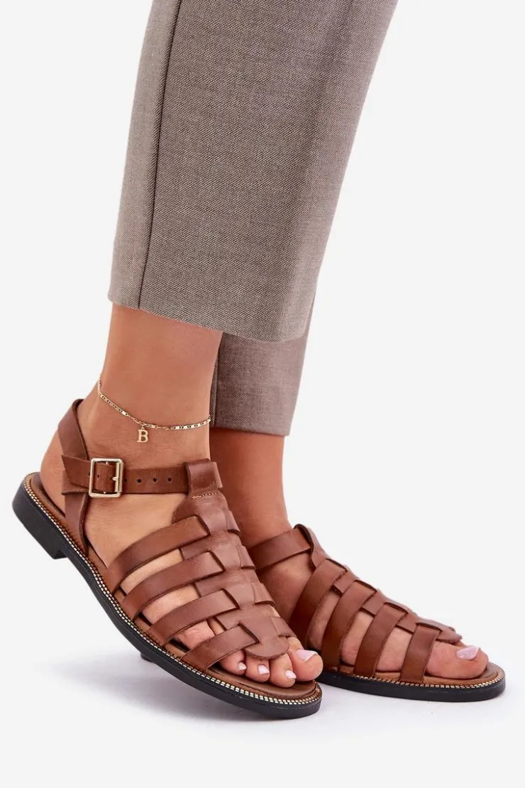 Damskie Boto Skórzane Sandały Na Płaskim Obcasie Zazoo 3686 Camel