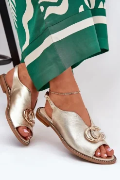 Laura Messi Sandały Płaskie*Skórzane Sandały Na Płaskim Obcasie Z Ozdobą 2865 Złote Złoty