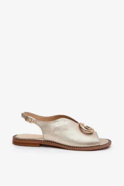 Laura Messi Sandały Płaskie*Skórzane Sandały Na Płaskim Obcasie Z Ozdobą 2865 Złote Złoty