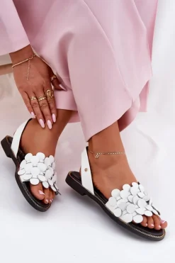 Clearance Zazoo Skórzane Sandały Na Płaskim Obcasie 40425 Białe Biały