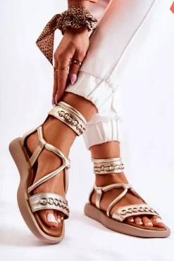 Maciejka Sandały Płaskie*Skórzane Sandały Na Platformie 05559-25 Złote