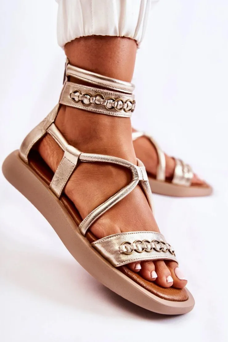 Maciejka Sandały Płaskie*Skórzane Sandały Na Platformie 05559-25 Złote