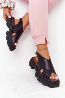 Boto Sandały Płaskie*Skórzane Sandały Na Platformie Lewski Shoes 3018-0 Czarne