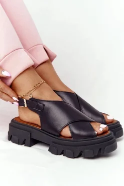 Boto Sandały Płaskie*Skórzane Sandały Na Platformie Lewski Shoes 3018-0 Czarne