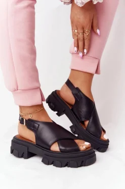 Boto Sandały Płaskie*Skórzane Sandały Na Platformie Lewski Shoes 3018-0 Czarne