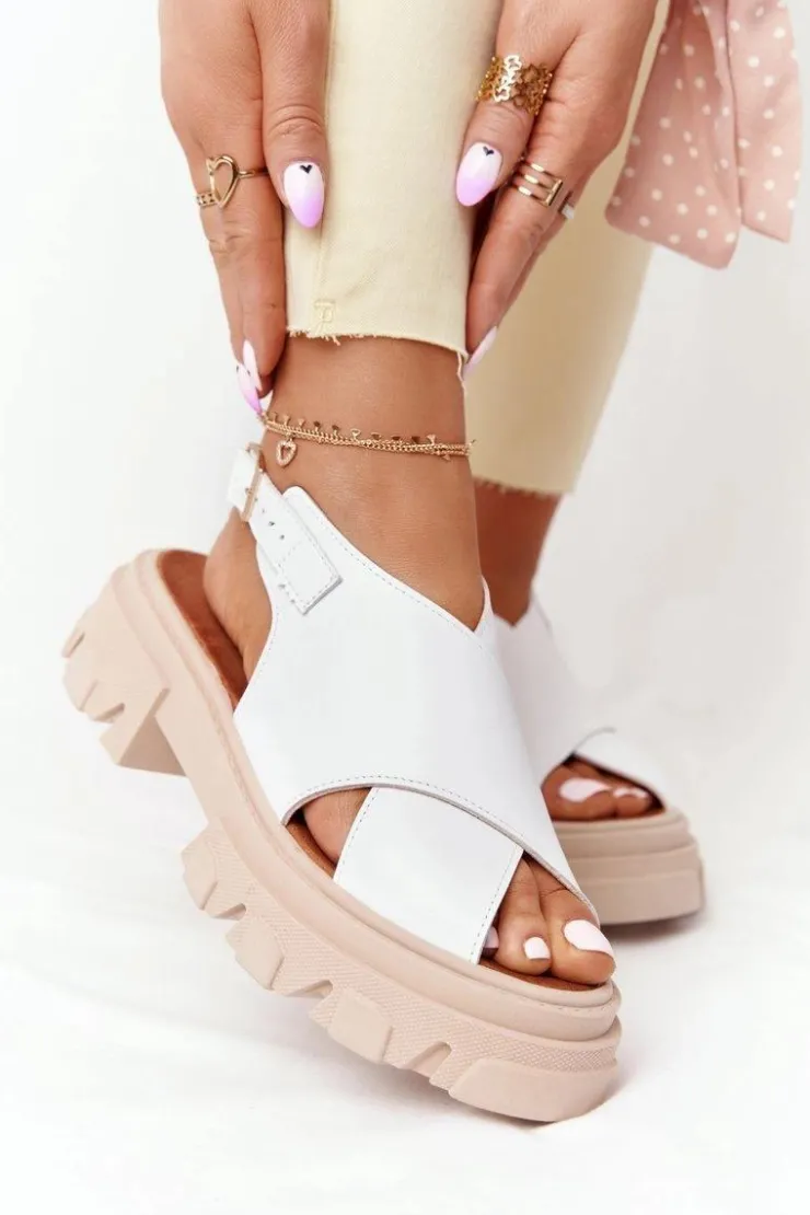 Damskie Boto Skórzane Sandały Na Platformie Lewski Shoes 3018-0 Białe