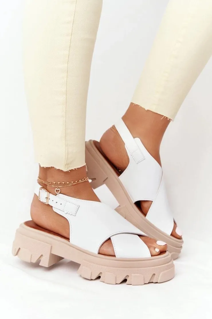 Damskie Boto Skórzane Sandały Na Platformie Lewski Shoes 3018-0 Białe