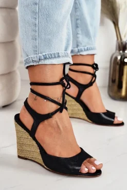 Best Laura Messi Skórzane Sandały Na Plecionym Koturnie 1944 Czarne