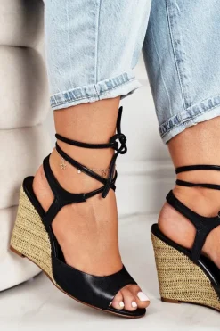 Best Laura Messi Skórzane Sandały Na Plecionym Koturnie 1944 Czarne