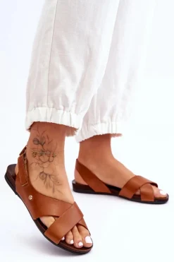 Damskie Zazoo Skórzane Sandały Na Rzep Brązowe Lemar Addison