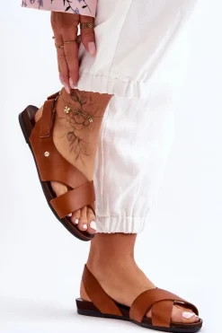 Damskie Zazoo Skórzane Sandały Na Rzep Brązowe Lemar Addison