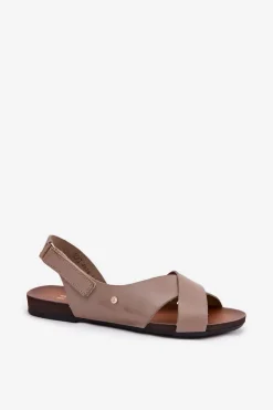 Outlet Zazoo Skórzane Sandały Na Rzep 40141 Ciemnobeżowe Beżowy