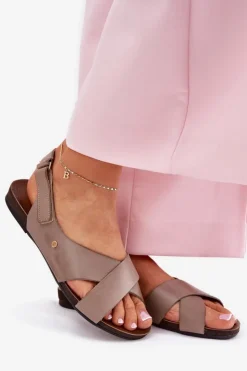 Outlet Zazoo Skórzane Sandały Na Rzep 40141 Ciemnobeżowe Beżowy