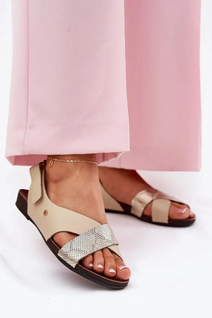 Zazoo Sandały Płaskie*Skórzane Sandały Na Rzep 40141 Beżowo-Złote