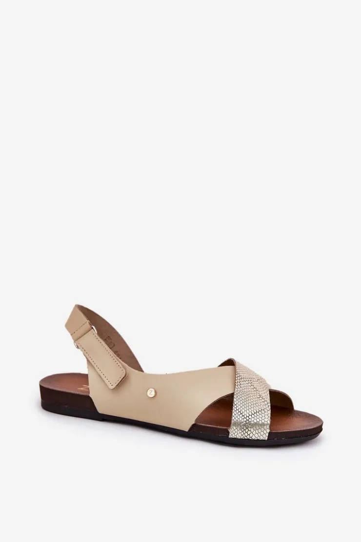 Zazoo Sandały Płaskie*Skórzane Sandały Na Rzep 40141 Beżowo-Złote