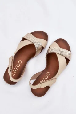Zazoo Sandały Płaskie*Skórzane Sandały Na Rzep 40141 Beżowo-Złote