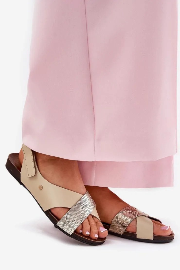 Zazoo Sandały Płaskie*Skórzane Sandały Na Rzep 40141 Beżowo-Złote