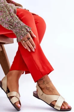 Damskie Zazoo Skórzane Sandały Na Rzep Złoto-Beżowe Lemar Addison