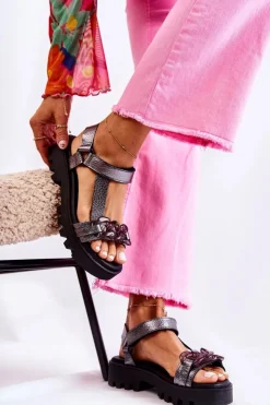 Damskie Maciejka Skórzane Sandały Na Rzepy L5009-41 Ciemnosrebrne