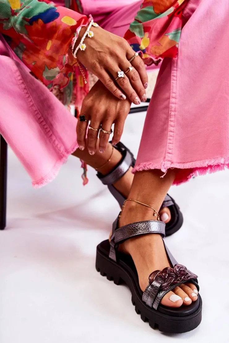 Damskie Maciejka Skórzane Sandały Na Rzepy L5009-41 Ciemnosrebrne