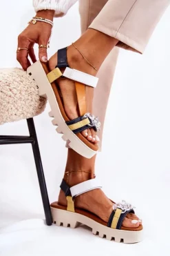 Maciejka Sandały Płaskie*Skórzane Sandały Na Rzepy L5009-02 Granatowo-Białe