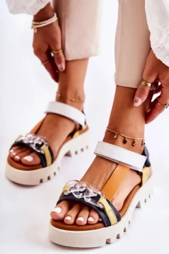 Maciejka Sandały Płaskie*Skórzane Sandały Na Rzepy L5009-02 Granatowo-Białe