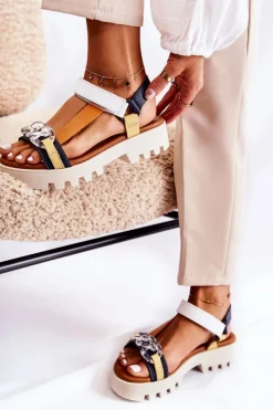 Maciejka Sandały Płaskie*Skórzane Sandały Na Rzepy L5009-02 Granatowo-Białe