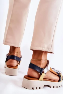 Maciejka Sandały Płaskie*Skórzane Sandały Na Rzepy L5009-02 Granatowo-Białe