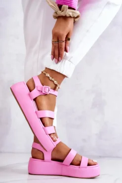 Damskie Boto Skórzane Sandały Na Sprzączkę Różowe Graceful