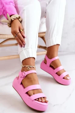 Damskie Boto Skórzane Sandały Na Sprzączkę Różowe Graceful