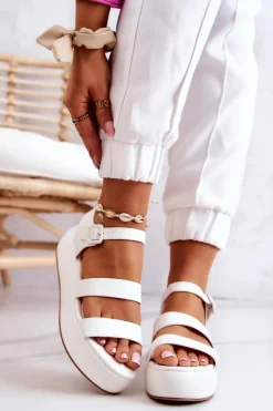 Boto Sandały Na Koturnie*Skórzane Sandały Na Sprzączkę Białe Graceful