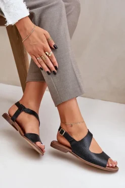 Damskie Boto Skórzane Sandały Na Sprzączkę Z Tłoczeniem Lewski 3041 Czarne