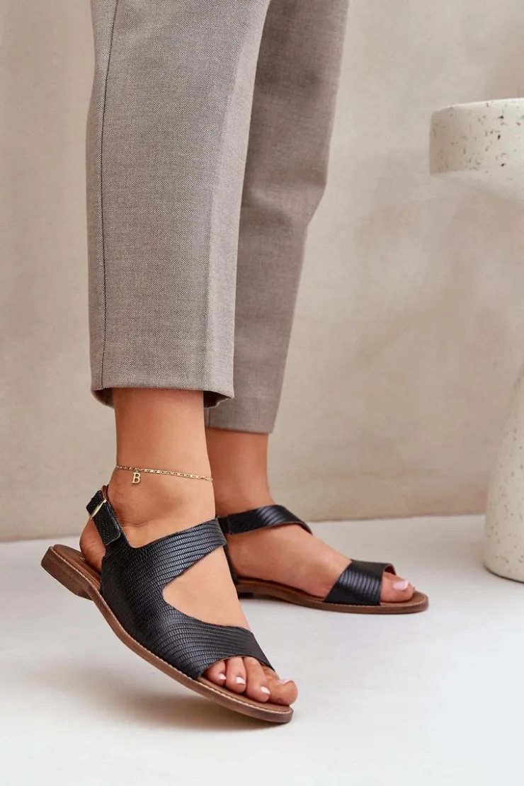 Damskie Boto Skórzane Sandały Na Sprzączkę Z Tłoczeniem Lewski 3041 Czarne