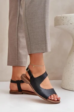 Damskie Boto Skórzane Sandały Na Sprzączkę Z Tłoczeniem Lewski 3041 Czarne