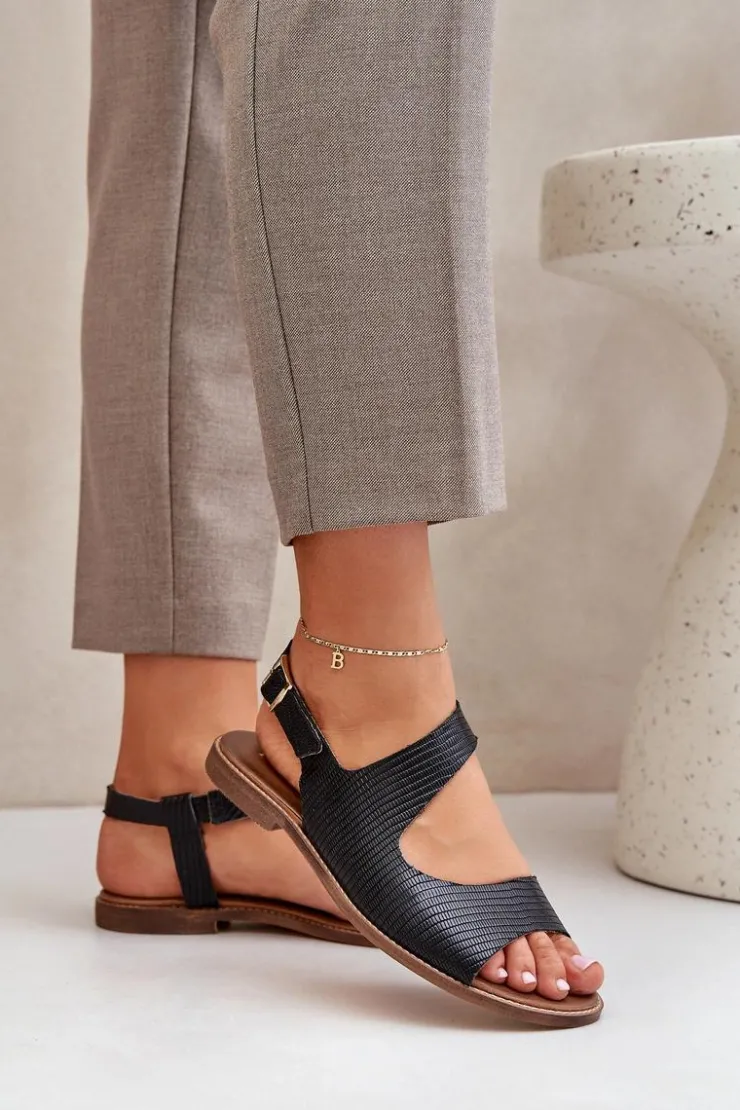 Damskie Boto Skórzane Sandały Na Sprzączkę Z Tłoczeniem Lewski 3041 Czarne