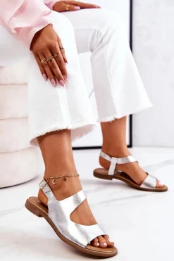 Boto Sandały Płaskie*Skórzane Sandały Na Sprzączkę Lewski 3041 Srebrne