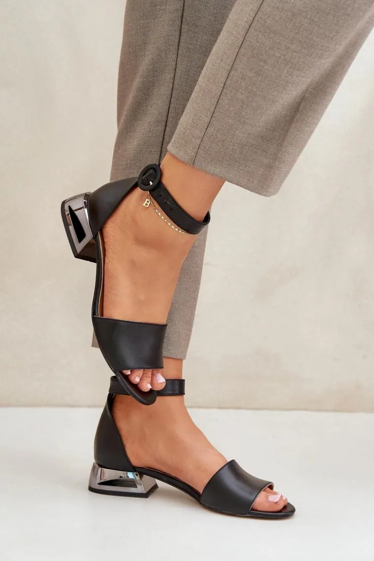 Laura Messi Sandały Na Obcasie|Sandały Płaskie*Skórzane Sandały Na Srebrnym Obcasie 2143 Czarne