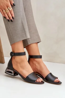 Laura Messi Sandały Na Obcasie|Sandały Płaskie*Skórzane Sandały Na Srebrnym Obcasie 2143 Czarne