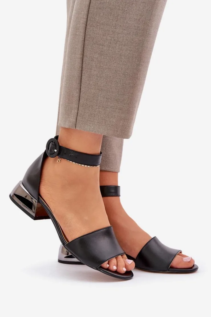 Laura Messi Sandały Na Obcasie|Sandały Płaskie*Skórzane Sandały Na Srebrnym Obcasie 2143 Czarne
