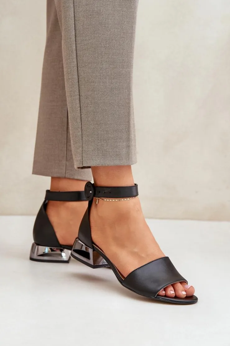 Laura Messi Sandały Na Obcasie|Sandały Płaskie*Skórzane Sandały Na Srebrnym Obcasie 2143 Czarne