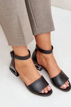 Laura Messi Sandały Na Obcasie|Sandały Płaskie*Skórzane Sandały Na Srebrnym Obcasie 2143 Czarne