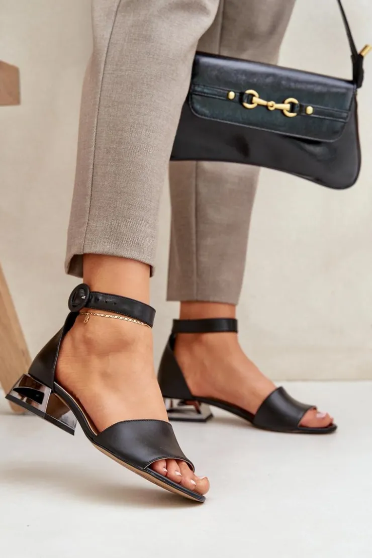 Laura Messi Sandały Na Obcasie|Sandały Płaskie*Skórzane Sandały Na Srebrnym Obcasie 2143 Czarne