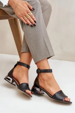 Laura Messi Sandały Na Obcasie|Sandały Płaskie*Skórzane Sandały Na Srebrnym Obcasie 2143 Czarne