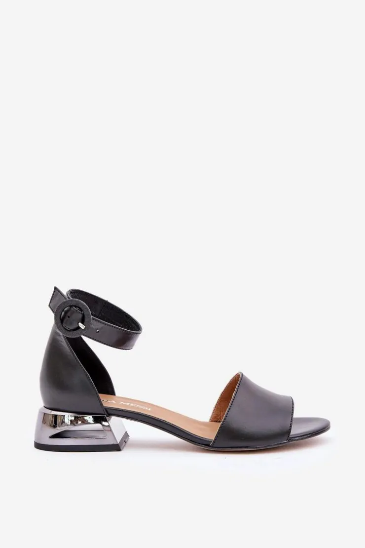 Laura Messi Sandały Na Obcasie|Sandały Płaskie*Skórzane Sandały Na Srebrnym Obcasie 2143 Czarne