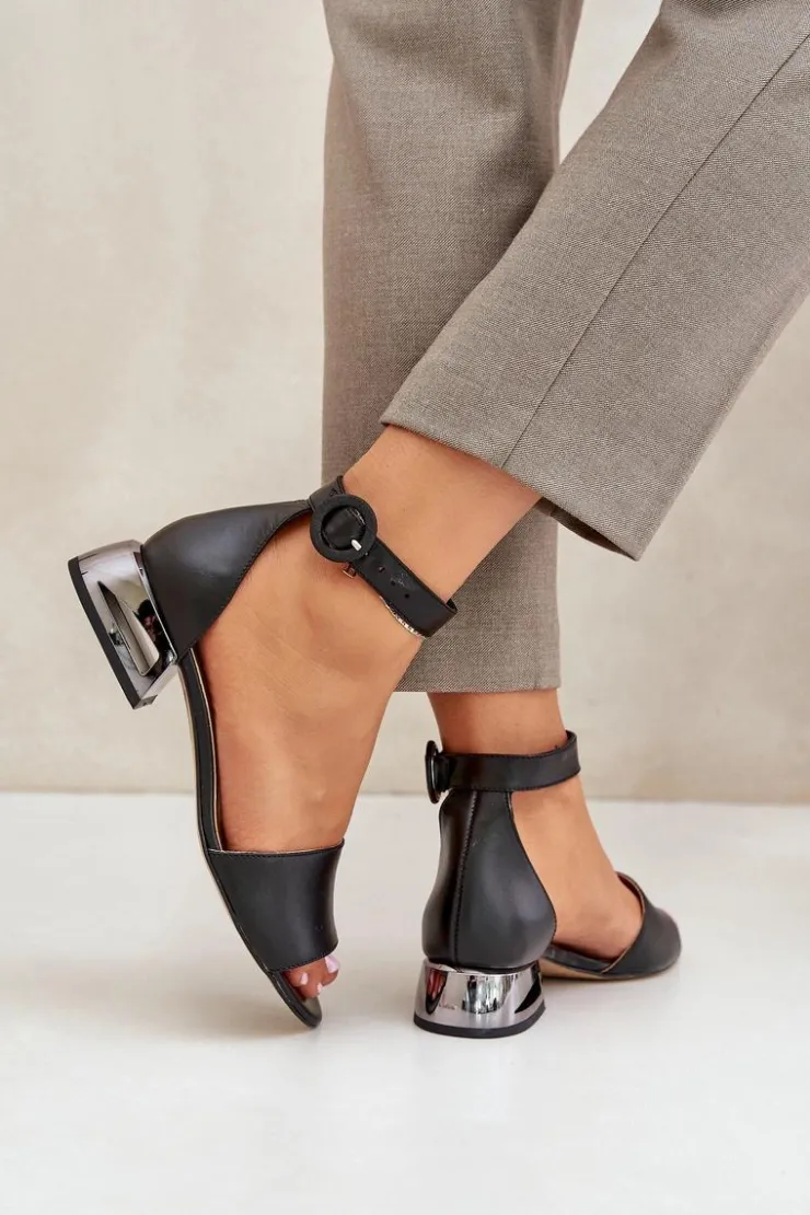 Laura Messi Sandały Na Obcasie|Sandały Płaskie*Skórzane Sandały Na Srebrnym Obcasie 2143 Czarne