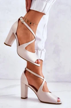 Buty Sergio Leone Sandały Na Obcasie*Skórzane Sandały Na Słupku Beżowe Lorita