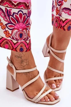 Sale Boto Skórzane Sandały Na Słupku Beżowe Florentina Beżowy