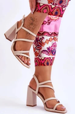 Sale Boto Skórzane Sandały Na Słupku Beżowe Florentina Beżowy