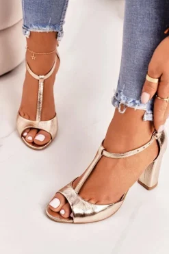 Damskie Laura Messi Skórzane Sandały Na Słupku 1916 Złote